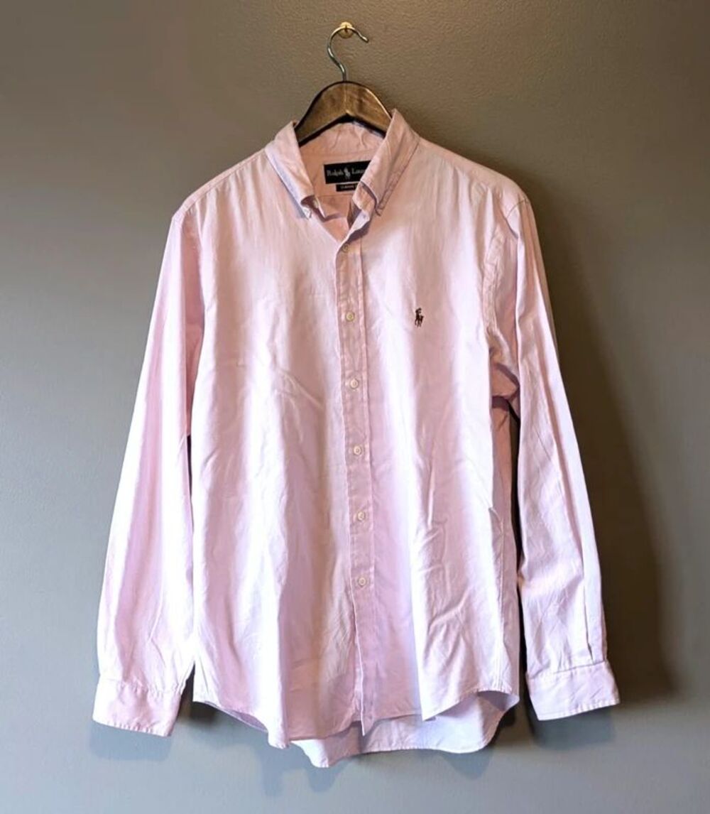 Vintage Ralph Lauren Mens 15 1/2 Medium Pink Cotton Button Down Shirt Pony